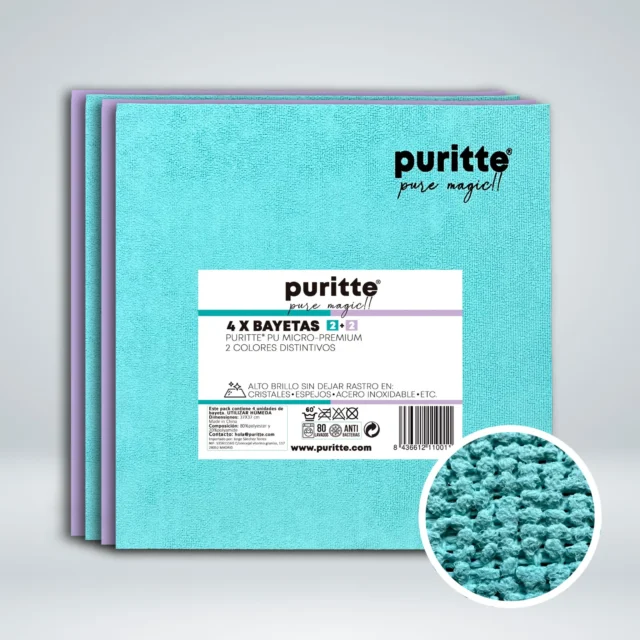 Pack de 4 chiffons Puritte PU Micro Premium turquoise et lilas pour un nettoyage sans traces