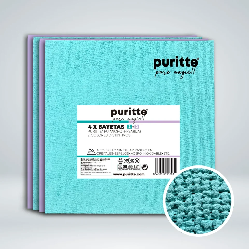 Pack de 4 chiffons Puritte PU Micro Premium turquoise et lilas pour un nettoyage sans traces