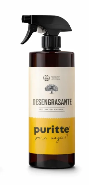 Dégraissant naturel premium Puritte en flacon ambré avec vaporisateur et étiquette jaune