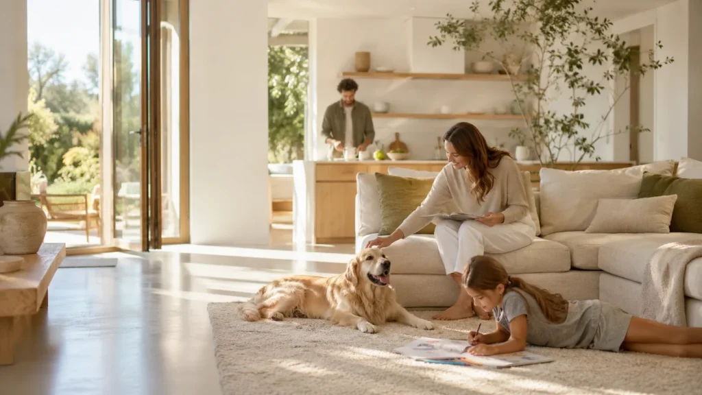 Familia con su perro golden retriever relajada en un salón luminoso y ordenado, con la niña dibujando en la alfombra: el hogar cuidado que Puritte ayuda a mantener