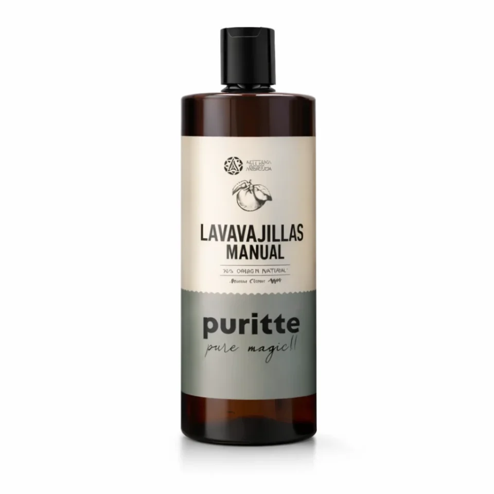 Puritte Lavavajillas Manual natural en botella ámbar con etiqueta gris verdosa