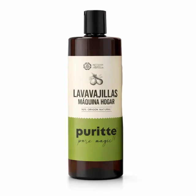 Détergent Lave-Vaisselle Puritte en flacon ambré avec étiquette verte, 90 % d’origine naturelle