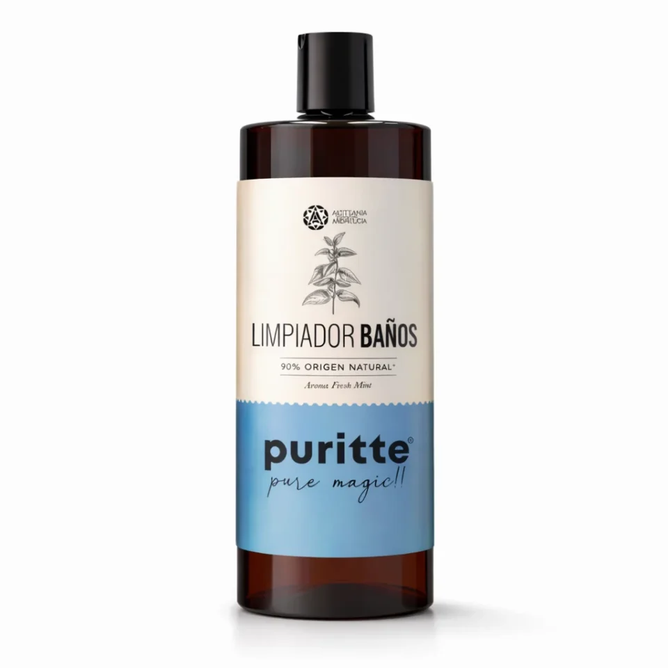 Puritte anti-limescale Bathroom Cleaner with fresh mint scent in amber bottle with blue label
